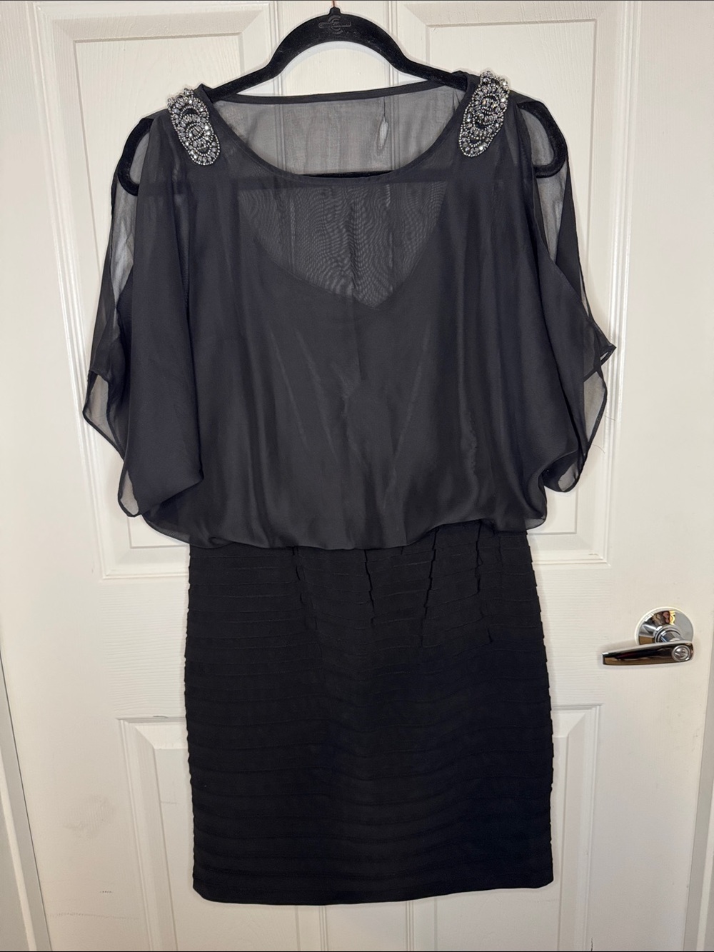 Scarlett Nite Black Sheer Overlay Beaded Shoulder Cocktail Dress